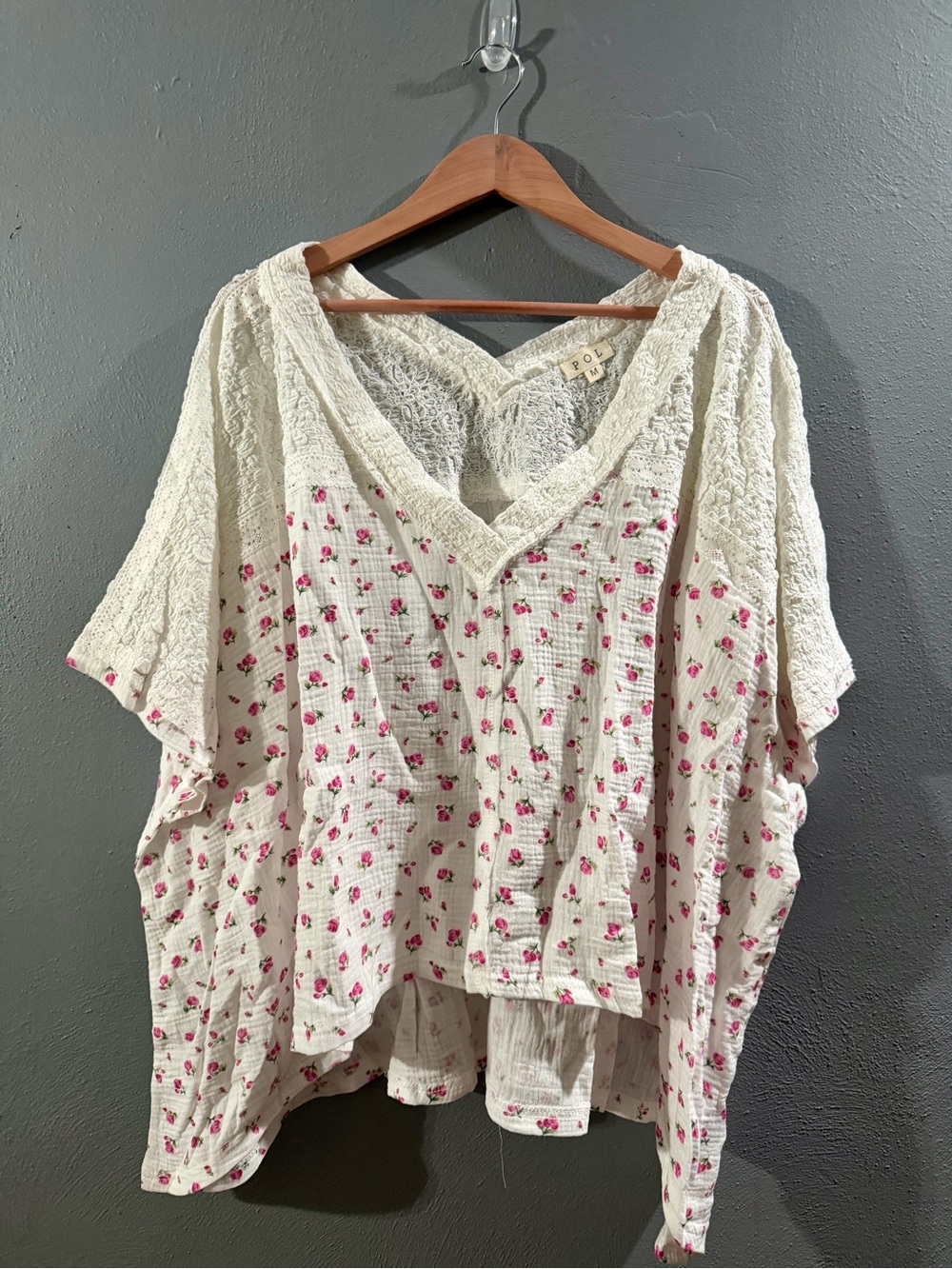 NWOT. POL Cream Gauze Blouse with Pink Rose Print